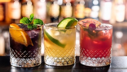 Wall Mural - three assorted refreshing fruit cocktails showcased on a bar counter