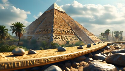 Wall Mural - Ancient conveyor belt within a pyramid transporting stones engraved with intricate hieroglyphs