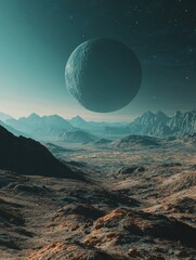 Wall Mural - View of an extraterrestrial world accompanied by a natural satellite in the distance Sci fi theme fantasy 3D rendering