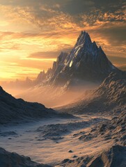 Wall Mural - Fantasy 3D illustration depicting a landscape featuring mountains during the late afternoon