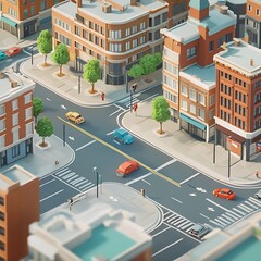 Poster - Low Poly City Intersection with Cars and Buildings