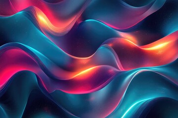 Wall Mural - Vibrant abstract wallpaper featuring overlapping textured shapes in turquoise and scarlet with wavy edges luminous streaks and glowing highlights