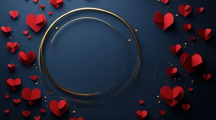 Red paper hearts scattered around a gold circle on a dark blue background.