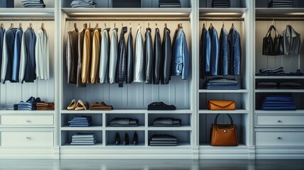 A neatly organized wardrobe showcasing clothing and accessories.