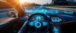 © Elzerl - Steering wheel and dashboard of a car with illuminated controls.