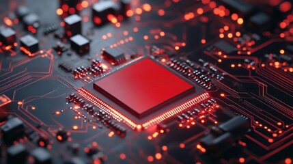 Wall Mural - A close-up of a red illuminated CPU on a circuit board.