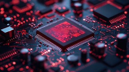 Wall Mural - Close-up of a glowing red CPU chip on a motherboard circuit board.