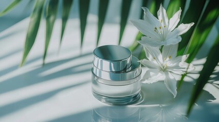 A skincare cream jar surrounded by tropical leaves and white flowers.