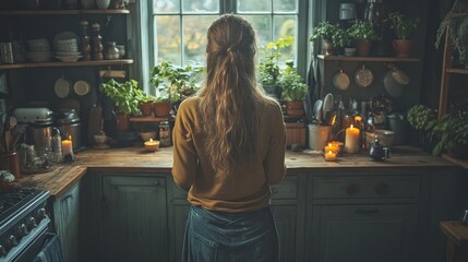 A woman stands in a cozy kitchen surrounded by plants and candles.