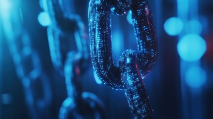 Poster - a close-up of a digital chain link with binary code glowing in blue and red lighting.