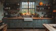 © julio - Cozy rustic kitchen with autumn decor and warm lighting.