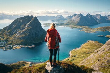 Wall Mural - Woman mountaineering with backpack solo girl traveling in Lofoten islands enjoying aerial view tourist hiking outdoor in Norway healthy lifestyle active summer vacations wanderlust adventure trip , ai