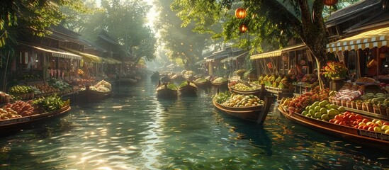 Vibrant floating market scene with traditional boats and vendors selling an array of colorful tropical fruits and vegetables on a tranquil waterway surrounded by lush foliage