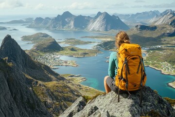 Wall Mural - Woman mountaineering with backpack solo girl traveling in Lofoten islands enjoying aerial view tourist hiking outdoor in Norway healthy lifestyle active summer vacations wanderlust adventure trip , ai