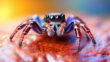 macro close up of a jumping spider with bright eyes and long legs crawling on a surface in nature bright colors