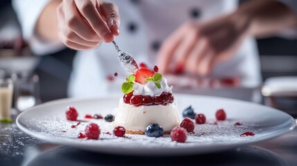 A chef carefully sprinkles powdered sugar on a delicious dessert featuring fresh berries and whipped cream.