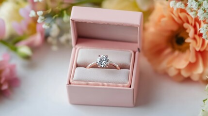 Close-up of a diamond engagement ring in a pink box with pink flowers in the background.