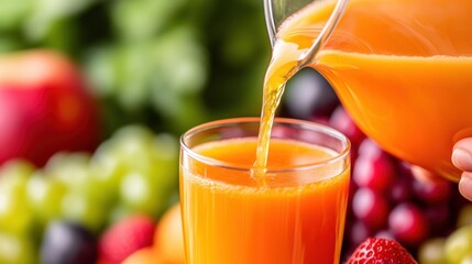 Canvas Print - A person pouring orange juice into a glass of fruit, AI