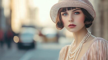 A young woman in a stylish hat and dress with pearl necklace.