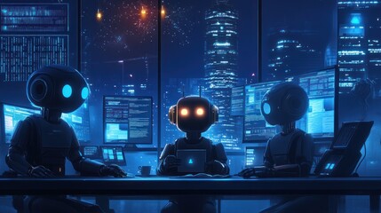 Wall Mural - three robots are working on computers in a futuristic office, illuminated by neon lights and a view 