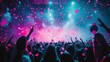 © B 7 YOU - A crowd of people at a concert, silhouetted against a stage with pink and blue lights, with confetti falling down around them.