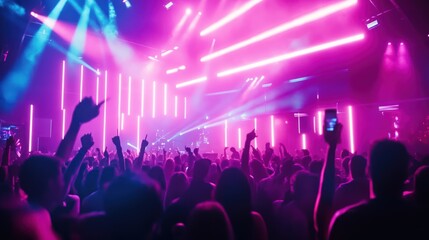 Wall Mural - crowd of people in a concert venue with purple and blue lighting.