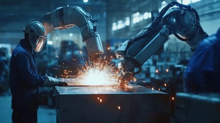 Two robotic arms welding a metal piece in a factory, creating sparks.