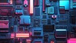 © peerawat - An arrangement of computer hardware parts, such as circuit boards, power supplies, and expansion cards, presented against an abstract, futuristic technology background featuring digital grids