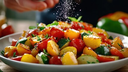 Sticker - A bowl of a plate with vegetables and seasoning being sprinkled on top, AI