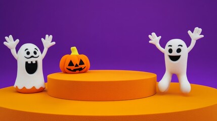 Wall Mural - Halloween decorations featuring jack-o-lanterns, a ghost, and bats on a purple and orange display platform, creating a fun holiday scene.