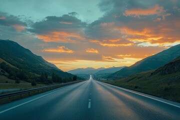 Wall Mural - Asphalt highway road and mountain with sky clouds at sunset , ai