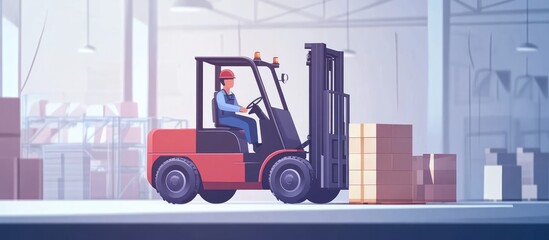 A forklift operator raises and transports materials or boxes Featuring labor and industrial workers in a minimalist flat illustration style