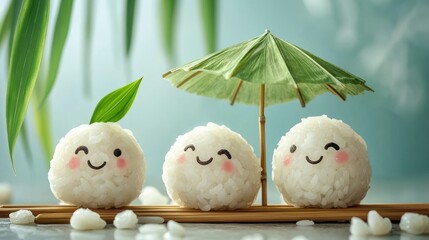 Cute sticky rice dumpling characters with a bamboo leaf umbrella