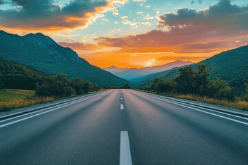 Wall Mural - Asphalt highway road and mountain with sky clouds at sunset, ai