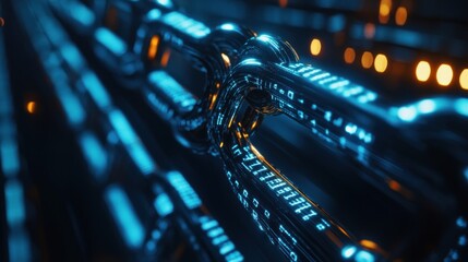 Poster - a close up of a metallic chain with blue light and binary code, a futuristic concept.