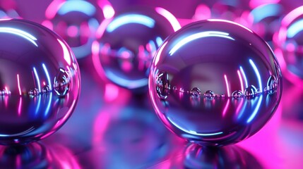 Wall Mural - reflective spheres with pink and blue neon lights.