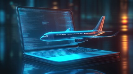 Wall Mural - a digital airplane rising from a laptop screen with blue light.