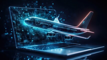Poster - digital airplane emerging from laptop screen.