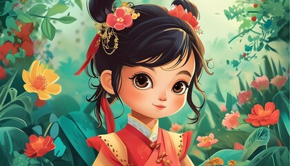 Wall Mural - Cute Asian princess in whimsical flower garden, vibrant colors and enchanting details in playful childrens book illustration style