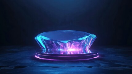 Wall Mural - blue and purple glowing diamond on a platform with a dark background.