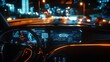 © B 7 YOU - Futuristic car interior with dashboard display showing driving data and city lights at night.