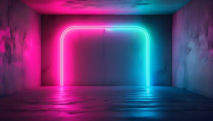 Wall Mural - Neon-lit empty room with vibrant pink, blue, and green glow, perfect for background or mock-up ideas in a dark ambiance created by Generative AI