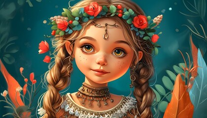 Wall Mural - Enchanting Tribal Queen in a Dreamy Fairytale World: A Whimsical Childrens Book Illustration