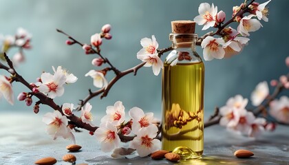 Wall Mural - Almond Oil Elegance Captured in a Glass Bottle with Delicate Floral Accents