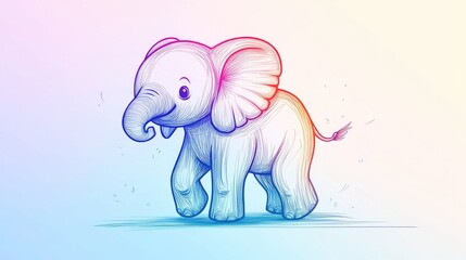 Cold gradient line drawing of an adorable cartoon elephant in a light and playful style