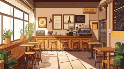 Wall Mural - Anime style illustration of a retro style Japanese coffee shop interior with comfortable anime wooden furniture