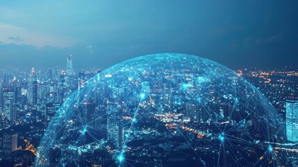 Poster - abstract glowing network and city skyline.