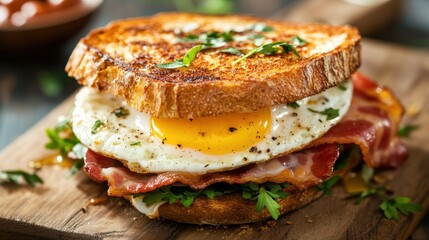 Closeup of a crispy bacon, fried egg, and greens sandwich on toasted bread.