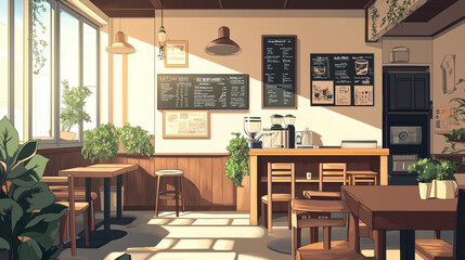 Wall Mural - Anime style illustration of a retro style Japanese coffee shop interior with comfortable anime wooden furniture