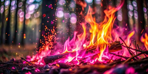 Abstract pink fire with glowing embers against forest background Macro